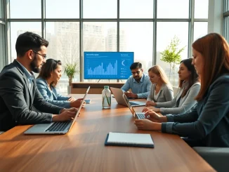Dynamic professionals discussing innovative strategies for ai +18 technologies in a modern office setting.