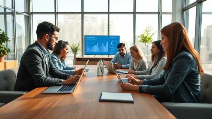 Dynamic professionals discussing innovative strategies for ai +18 technologies in a modern office setting.