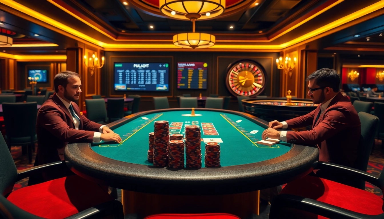 Kuwin players strategizing at a luxurious poker table in a vibrant casino atmosphere.