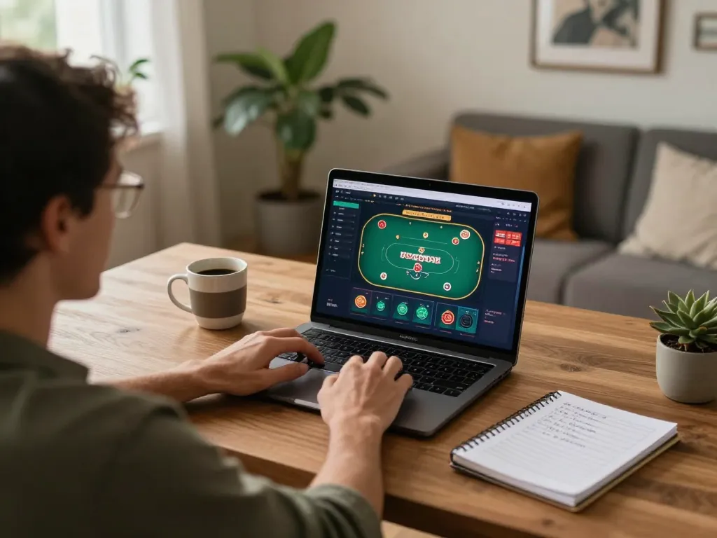 Player enjoying online gameplay on laptop for 555 WIN, showcasing strategic decisions in a cozy home setting