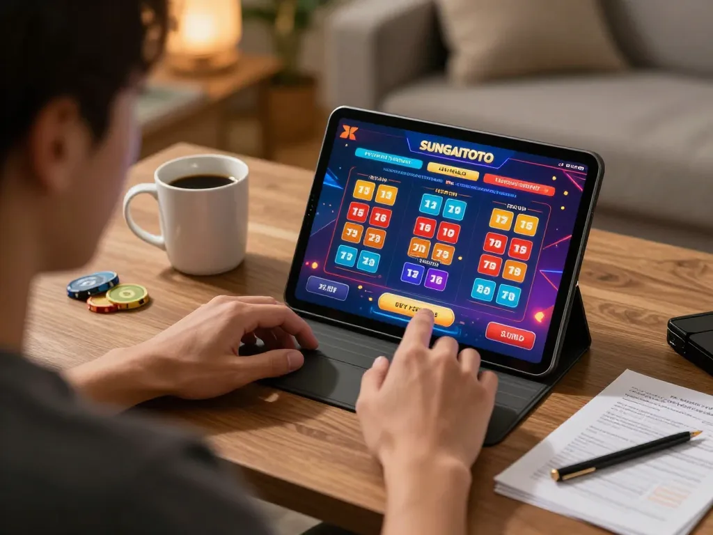 Sungaitoto login screen displayed on a tablet during engaging online betting session at home.
