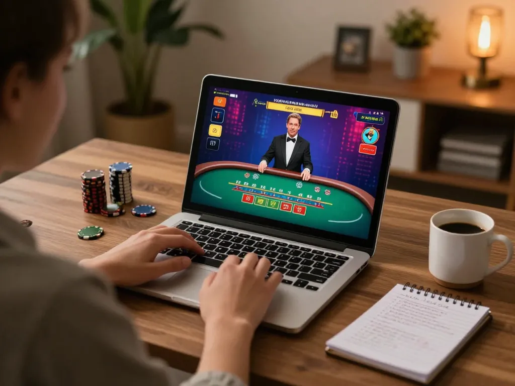 Engaging online casino session focusing on lucky 88 gameplay, with a player using a laptop and strategic notes visible, enhancing the responsible gambling experience