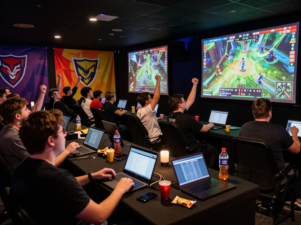 Tỷ lệ kèo nhà cái hôm nay displayed on large screens during a lively esports match.
