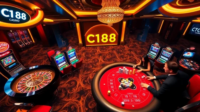 C168 branding shines in a luxurious casino setting with players engaging at tables and bright slot machines.