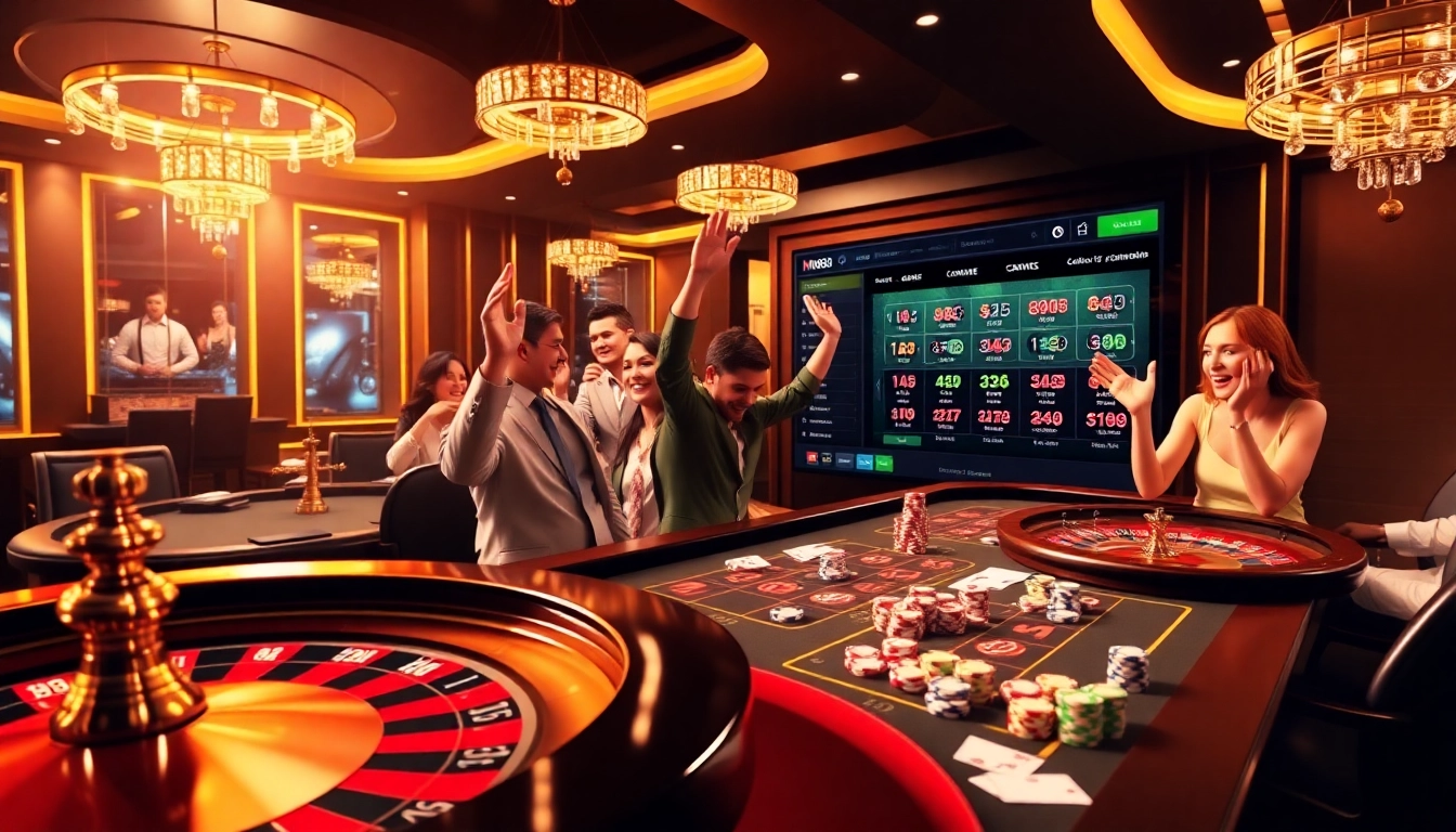Place strategic bets at MM88 with a lively casino scene featuring a roulette wheel and excited players.