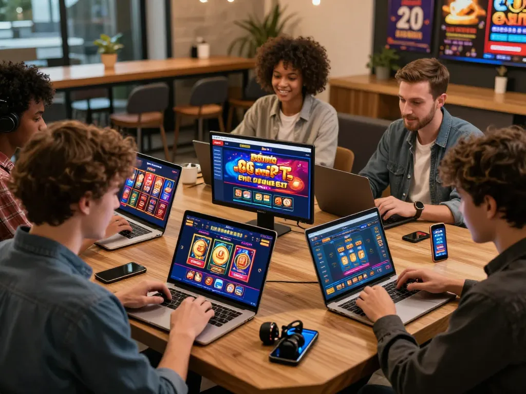 Users engaging with pg88 online betting platform, showcasing sports betting, live casino, and slot games in a vibrant digital cafe atmosphere.