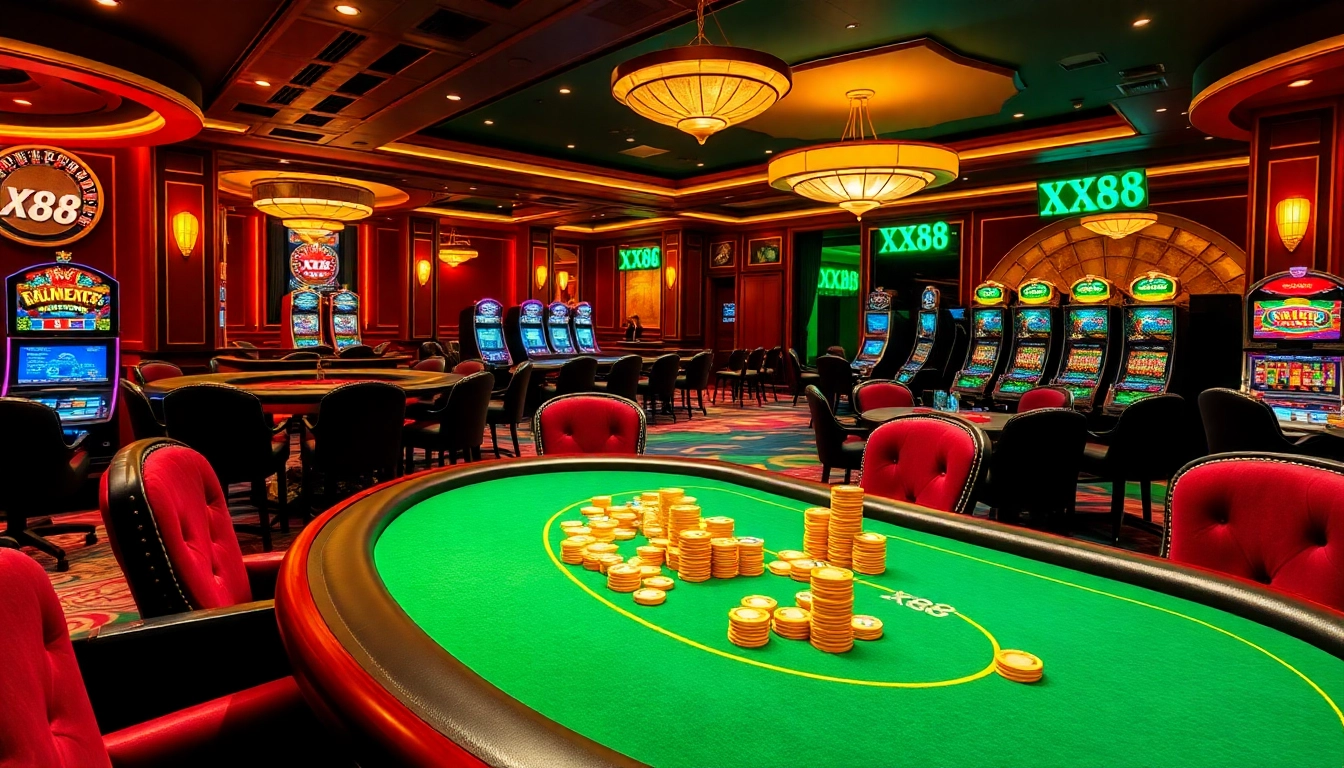 Experience the excitement of playing at XX88 with luxurious poker tables and vibrant casino elements.