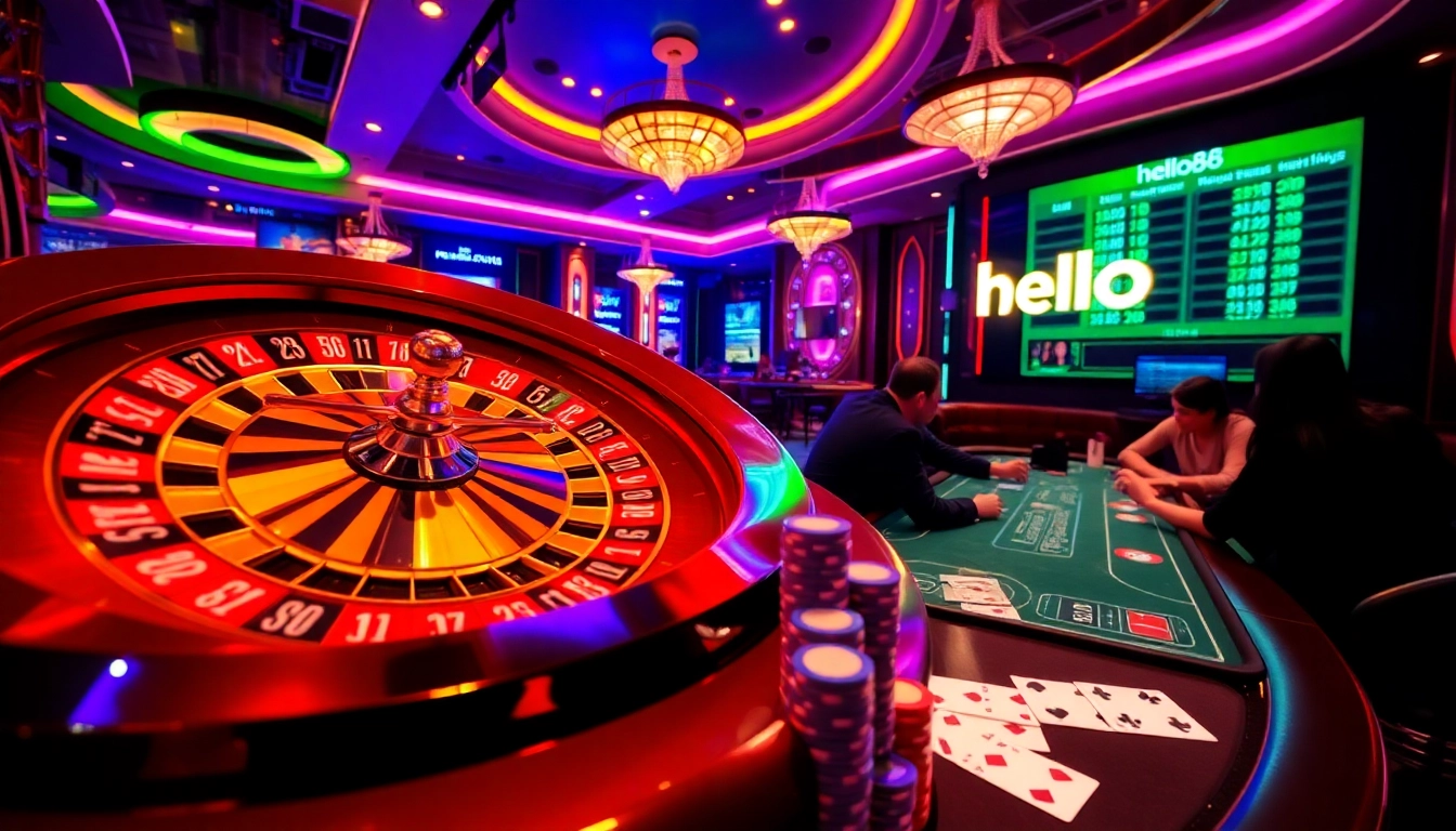 Players are enjoying a thrilling poker game at hello88 Casino with vibrant roulette wheel.