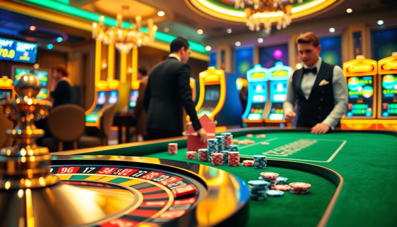 Experience the thrill of gambling at 789f.com with a luxury casino scene featuring roulette, poker chips, and vibrant slot machines.