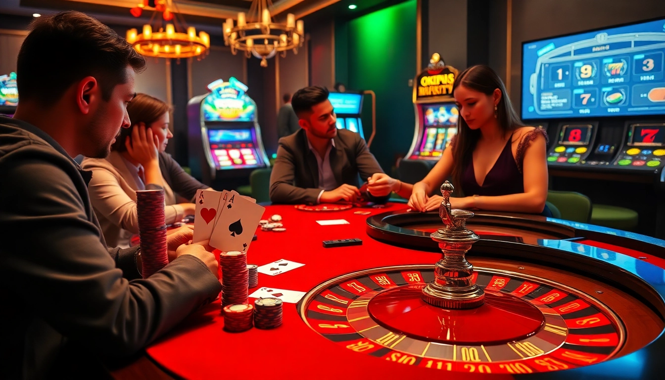 Action-packed scene at okfun casino with poker chips, players, and thrilling atmosphere.
