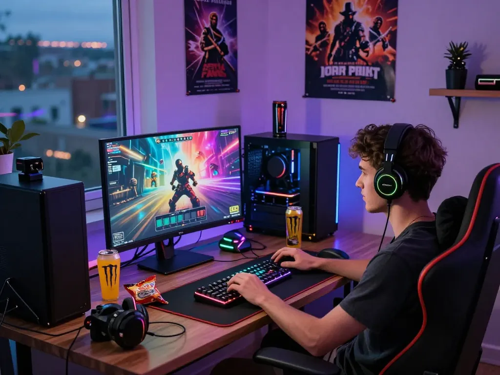 Player immersed in a porn game on a gaming laptop with RGB lighting.