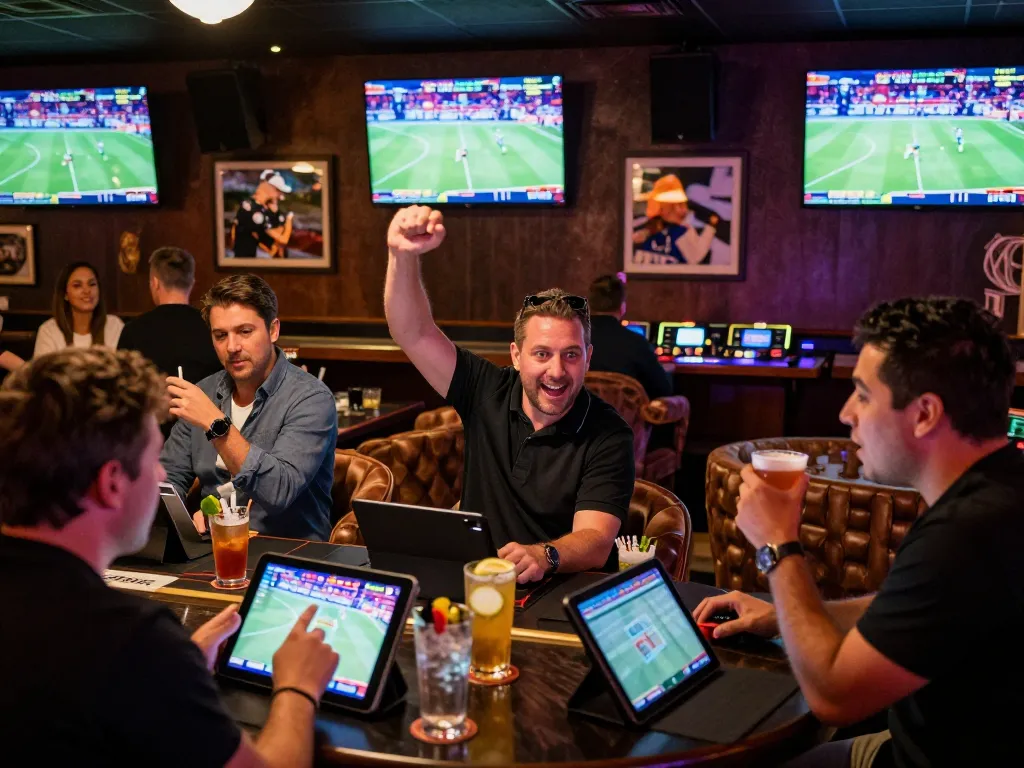 Engaged gamblers at Vin 88 enjoying live sports betting in a vibrant casino bar atmosphere
