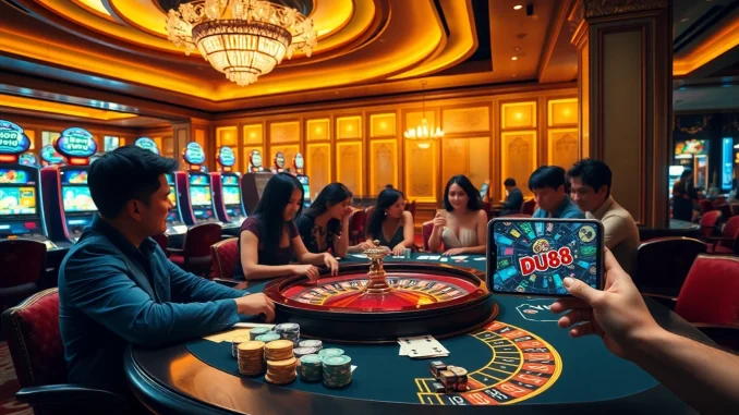 Encounter thrilling gameplay at DU88's luxurious casino, featuring roulette tables and vibrant slot machines.