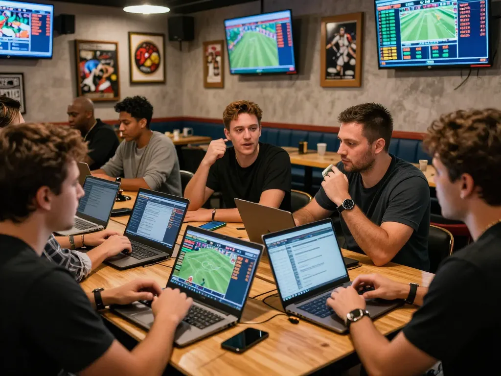 Engaged individuals analyzing kèo nhà cái in a bustling sports betting lounge.