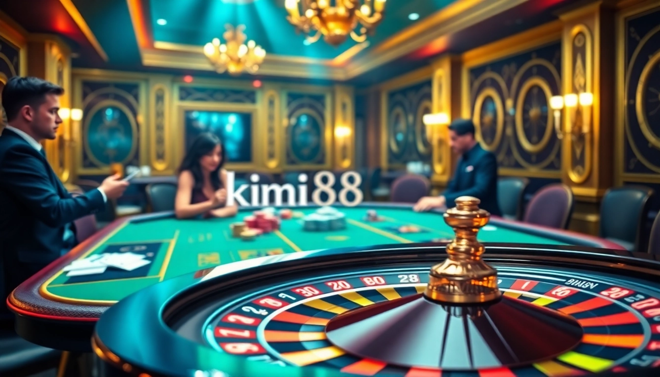 Play thrilling poker at kim88 game with players competing at an elegant casino table.