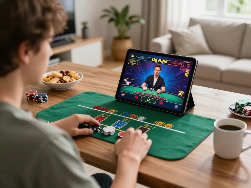 Engaged player enjoying a live dealer game on Da 88, showcasing online gaming excitement at home.
