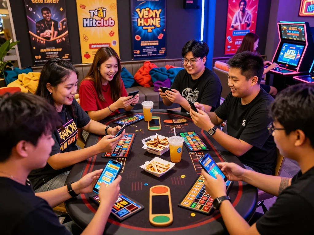 Engaging scene of friends excitedly playing games on their devices while tải hitclub is promoted in a colorful gaming atmosphere