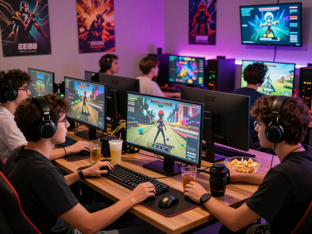 Diverse group enjoying an exciting gaming session on EE88 platform, showcasing camaraderie and vibrant atmosphere.