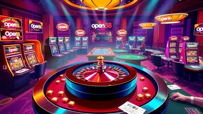 Experience open88 with vibrant casino elements, including roulette, slot machines, and poker tables.