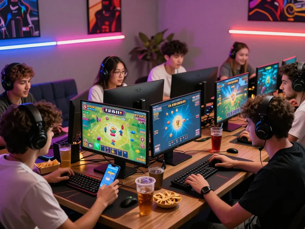Exciting tài xỉu online gaming scene with players engaged in a vibrant atmosphere, showcasing social interaction and colorful graphics.