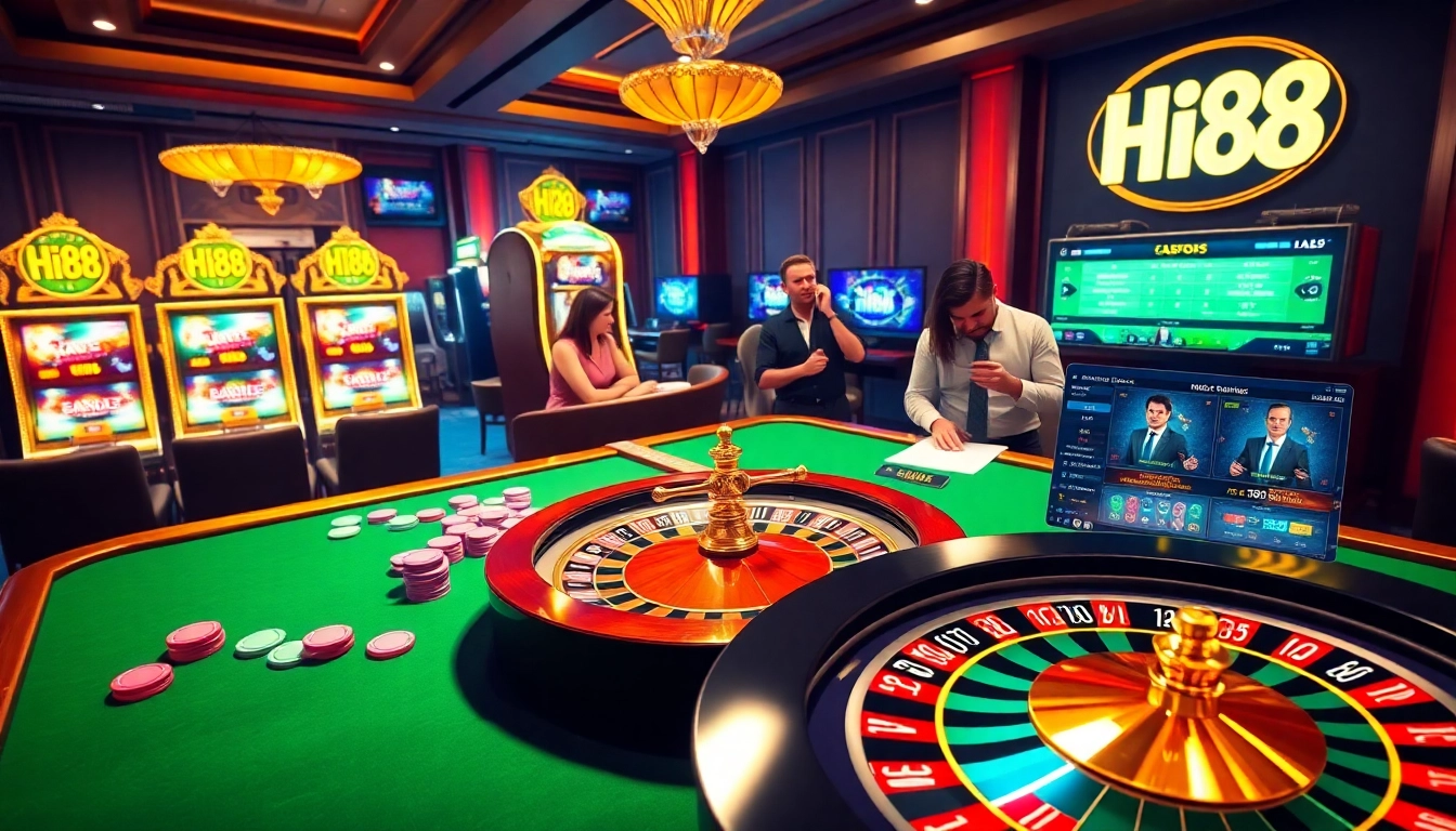 At Hi88, enthusiastic players engage in thrilling casino games with vibrant tables and sleek interfaces.