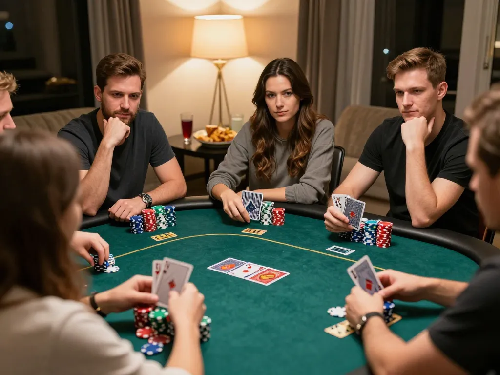Players enjoy a thrilling poker game night at home, showcasing AE888's vibrant social atmosphere.