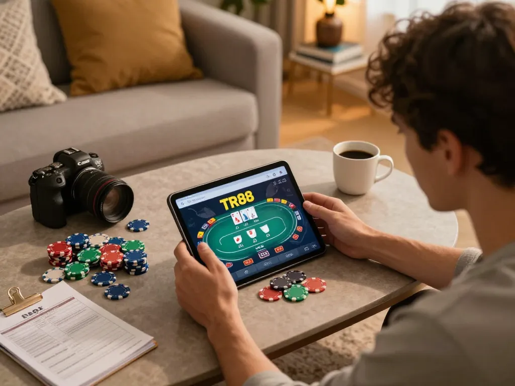 Player navigating TR88 COM poker interface on tablet in cozy living room, enhancing gaming experience
