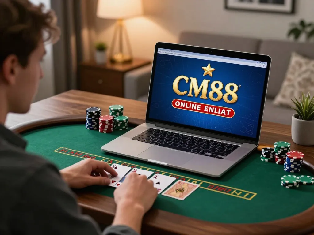Player immerses in a live dealer blackjack game at CM88 online casino from a cozy home office.