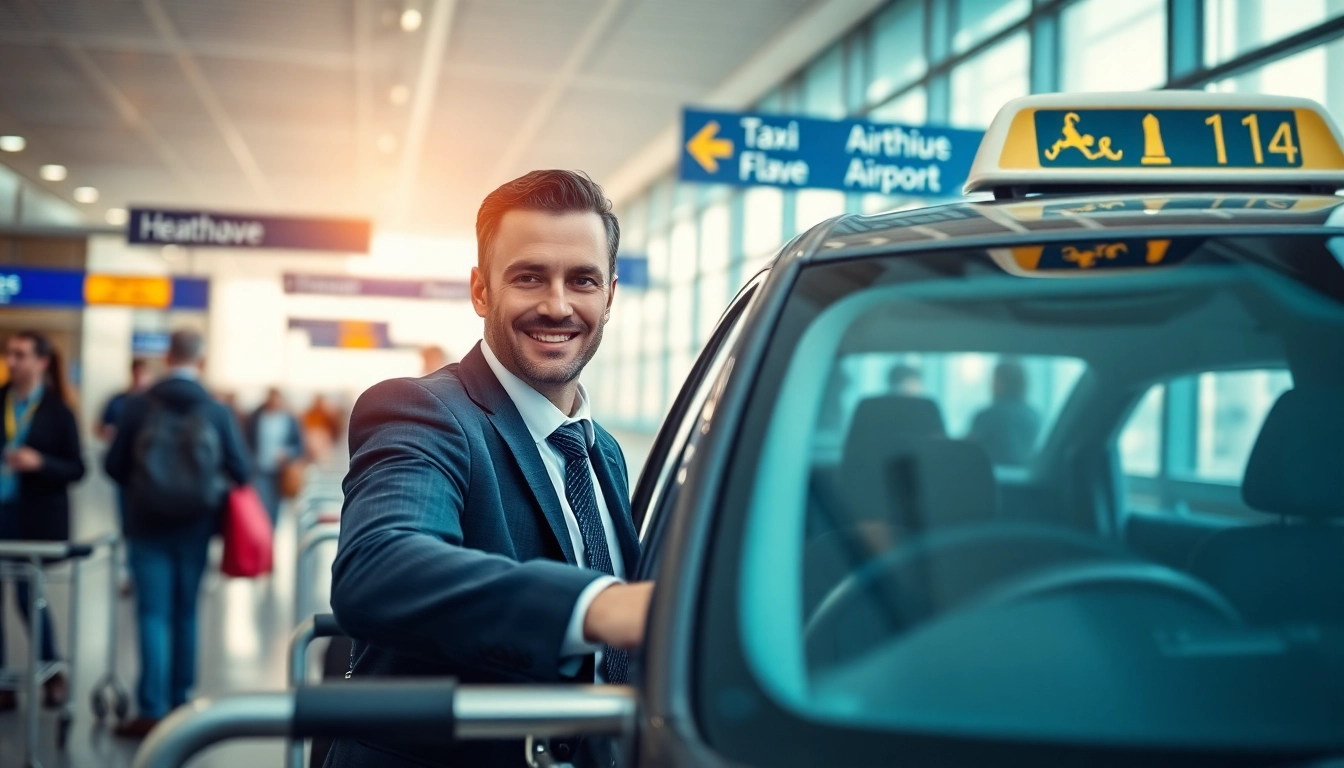 Heathrow airport taxi driver ready for passengers in a vibrant terminal setting.