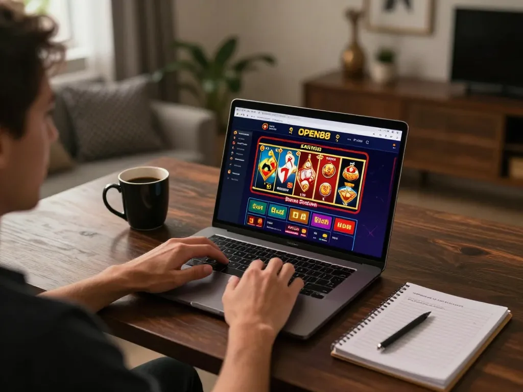 Enjoying gameplay at open88 casino on a laptop with strategy notes and warm home ambiance.