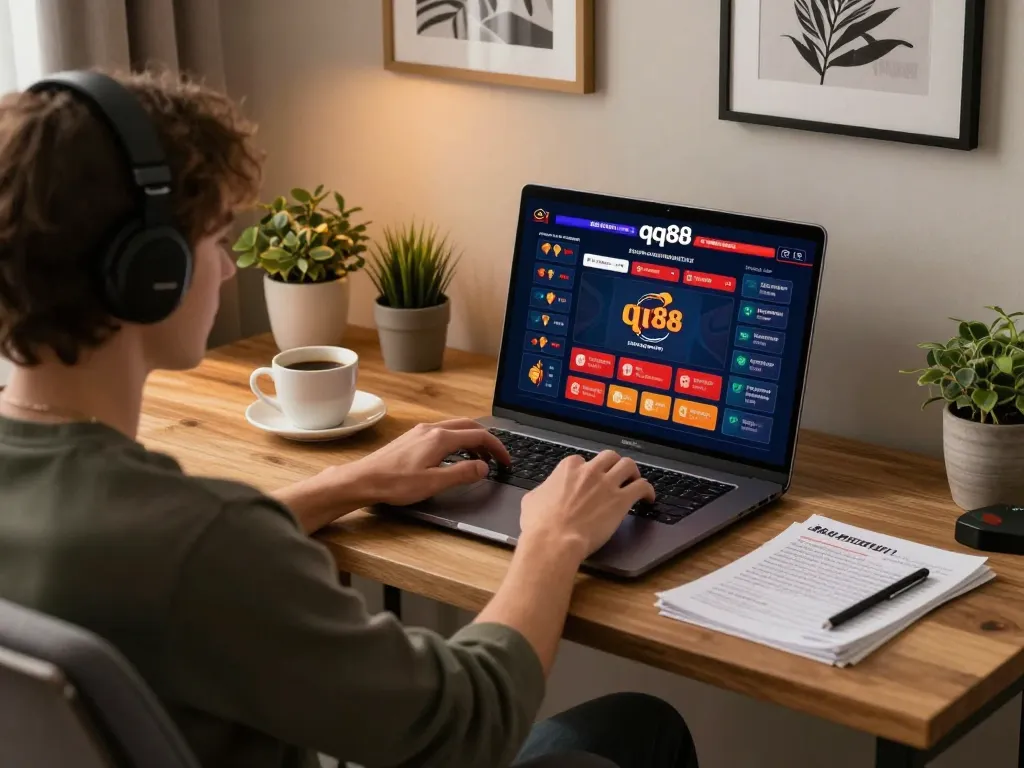 Player enjoying qq88 online casino gaming in a stylish home office, focused and strategic.