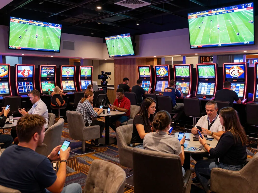 Kèo nhà cái 5 sports betting lounge with enthusiastic patrons engaging in live betting