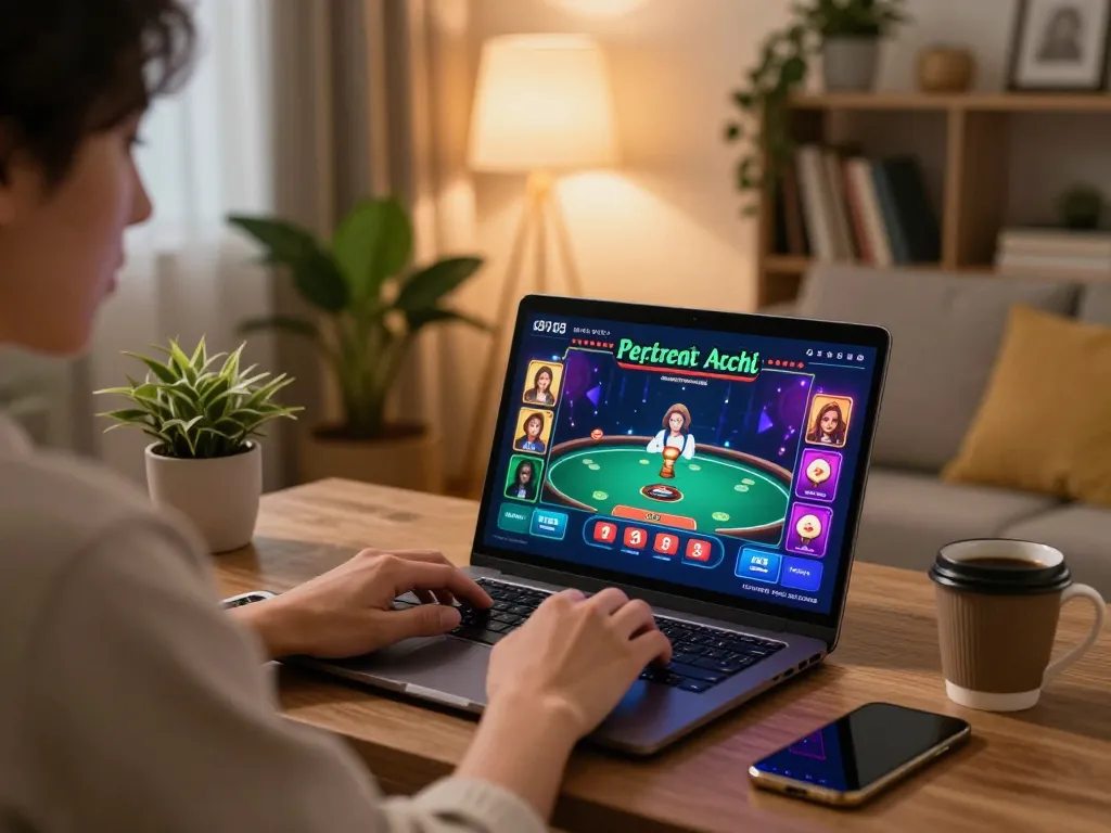 Ko66 player engaging in online casino gaming from cozy home setup with poker interface displayed