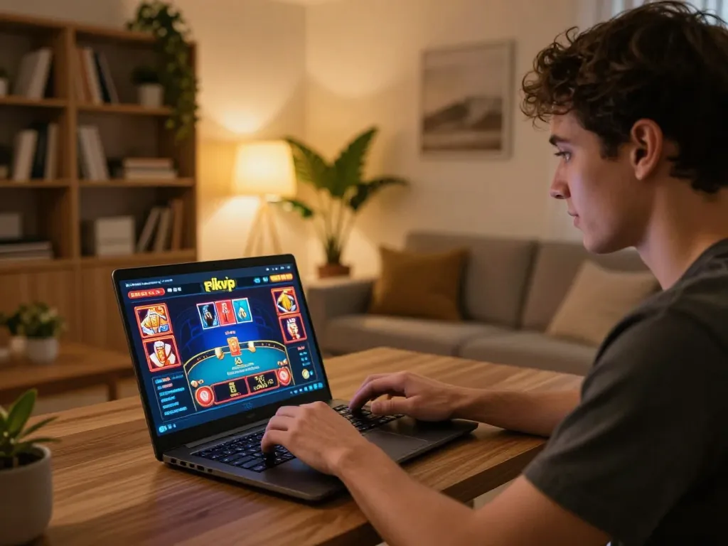 Engaged player enjoys rikvip online gaming on laptop in a cozy setting