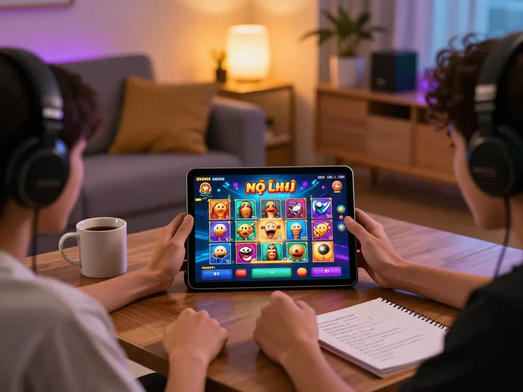 Engaging in a game nổ hũ on tablet, capturing exciting moments from a cozy home gaming setup