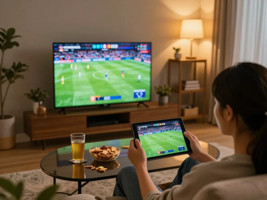 Socolive stream displayed on a tablet as a user enjoys football watching at home, cozy atmosphere, engaging gameplay.