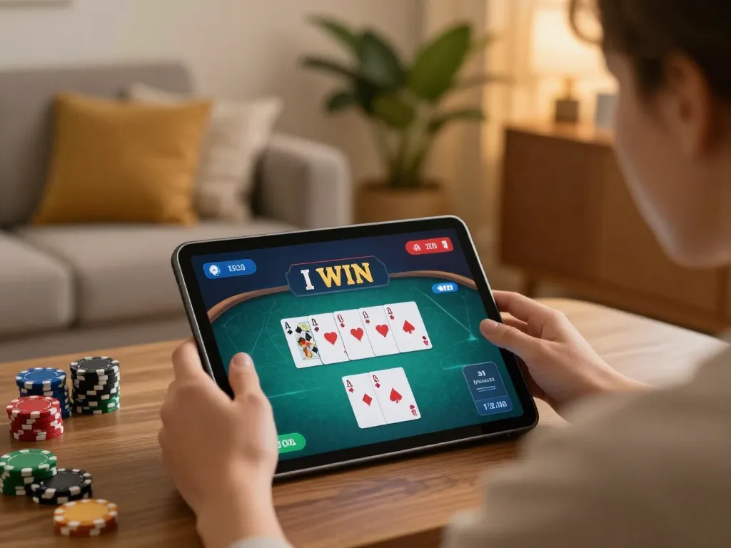 I WIN gameplay displayed on tablet while person enjoys a cozy home gaming experience with ambient decor.