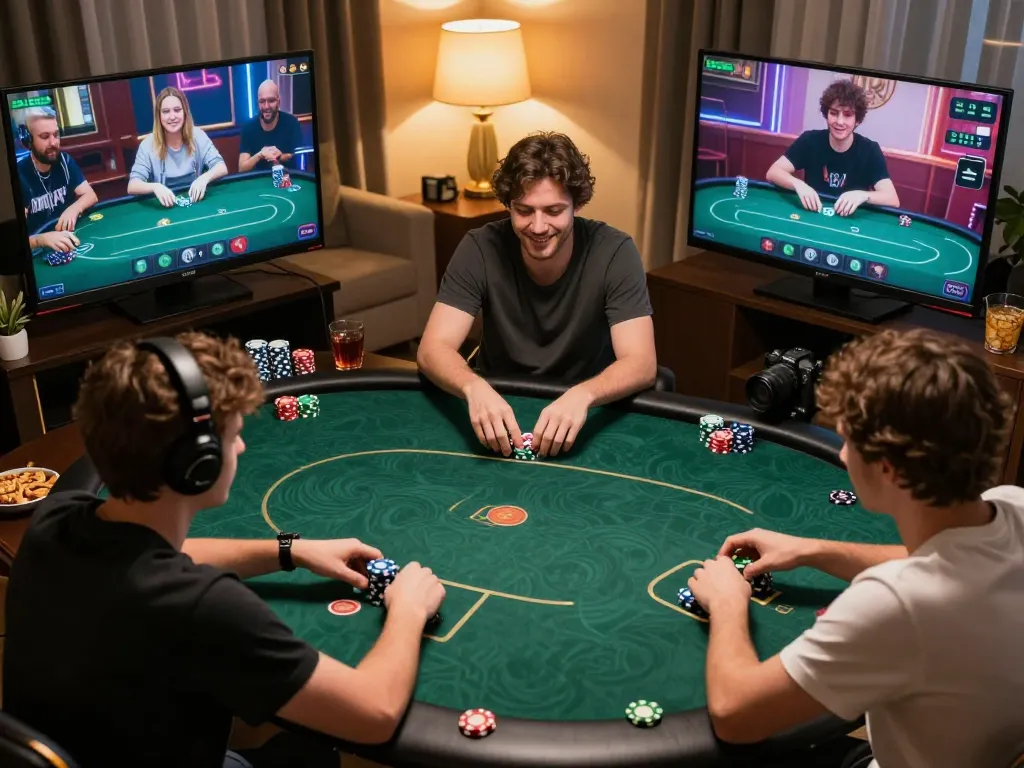 Players enjoying an intense online poker game at home with ev99 showcasing vibrant betting strategies.