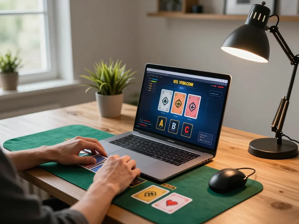 An individual plays blackjack online at home using vt88 com on a sleek laptop, showcasing an engaging gaming atmosphere.
