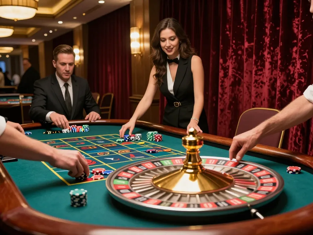 Engaged players at the roulette table in a luxurious casino atmosphere with tr88 winning moments.