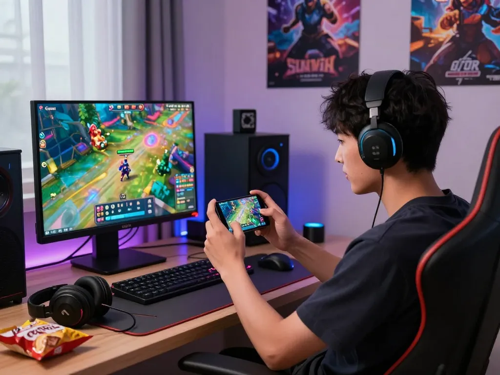 Engaging gamer using smartphone to tải sunwin in vibrant gaming setup at home.