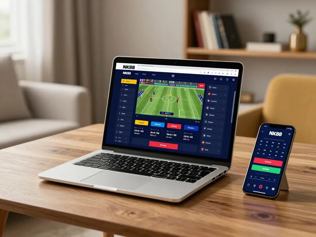 Bet on NK88 using a laptop in a cozy home setup, showcasing vibrant sports betting options.