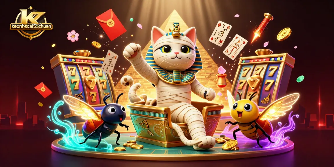 Experience the thrill of keonhacai55chuan with a vibrant 3D casino scene featuring slots and a mummy cat.