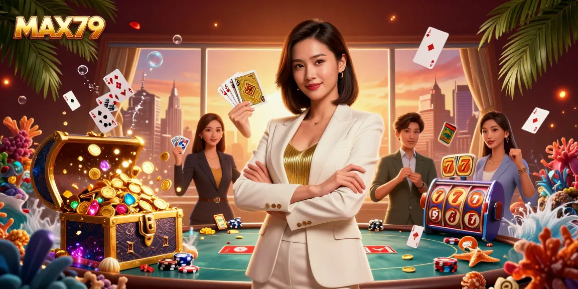Experience winning gameplay at MAX79 with vibrant casino elements and a glamorous businesswoman.
