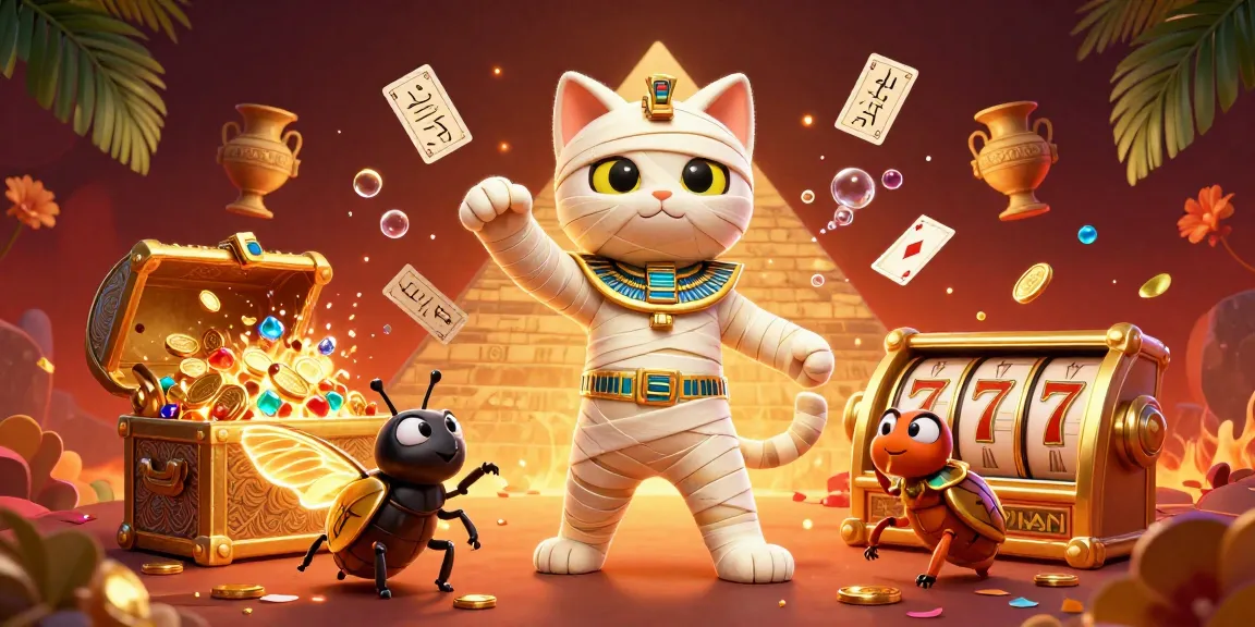 kkwin showcases a vibrant casino scene with an Egyptian mummy cat and glowing elements, celebrating thrilling gaming.