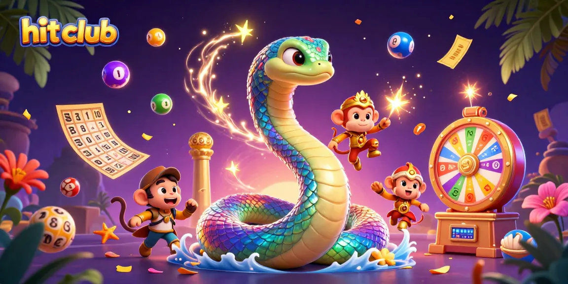 Experience winning excitement at hit club with colorful lottery elements and lively characters in a 3D illustration.